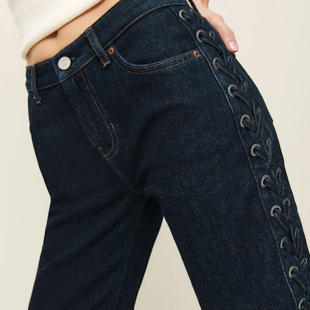 NWT - Reformation Abby Low Rise Straight Jeans Blue with Ondine Lacing - Size 25